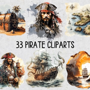 33 Pirate PNG Cliparts, Watercolor Pirate Sailors Sublimation, Set of PNG Pirate Sailors Clipart for Sublimation Prints Transparent