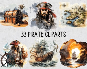 May include: A collection of 33 pirate themed watercolor illustrations. The illustrations include a pirate captain, a treasure chest, a pirate ship, a map, and a pirate holding a ship's wheel.