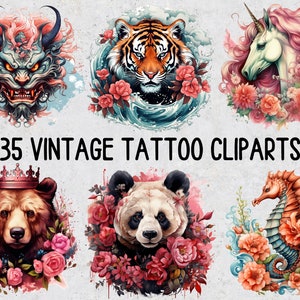 35 Vintage Tattoo PNG Cliparts, Watercolor Classical Tattoo and Flowers Sublimation, Set of PNG Floral Tattoo Clipart for Sublimation Prints