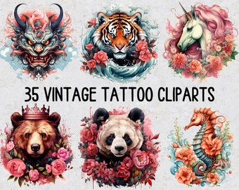 35 Vintage Tattoo PNG Cliparts, Watercolor Classical Tattoo and Flowers Sublimation, Set of PNG Floral Tattoo Clipart for Sublimation Prints