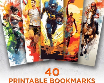 40 Sports Printable Bookmarks, Sport Digital Download Bookmark Sheets, Kinds of Sport PNG bookmark sublimation, Print and Cut Bookmark Set