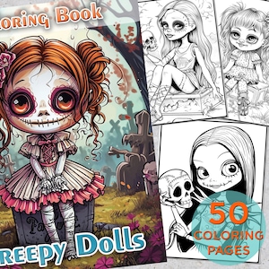 50 Creepy Dolls Coloring Pages, Adults Horror Dolls Printable Grayscale Coloring Book Pages for adults, Cute & Creepy Digital Coloring Book