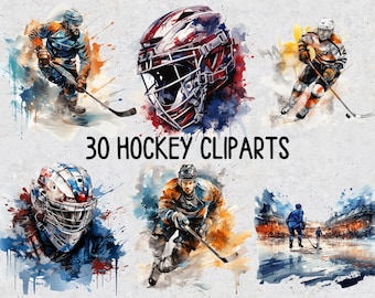 30 Hockey PNG Sublimation Clip art, Set of Transparent PNG Hockey Clipart for Sublimation, Watercolor Hockey PNG Cliparts for printing