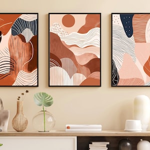 Conjunto de 3 arte abstracto de impresión de terracota en estilo boho, arte imprimible boho, conjunto de pared de la galería boho, cartel moderno boho, decoración boho abstracta