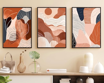 Set of 3 Terracotta Print Abstract Art in Boho Style, Boho Printable Art, Boho Gallery Wall Set, Boho Modern Poster, Abstract Boho Decor