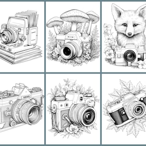 May include: Six black and white illustrations of vintage cameras. The cameras are surrounded by various floral and foliage designs. One camera is on top of a stack of books, another is surrounded by mushrooms, and another is held by a fox.