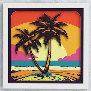 May include: A paper cut-out style illustration of two palm trees on a beach with a sunset in the background. The colors are bright and vibrant, with orange, yellow, pink, and blue hues.