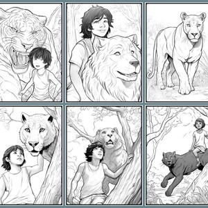 Puede incluir: Una ilustraci&oacute;n de c&oacute;mic en blanco y negro de una persona joven con un tigre, un le&oacute;n, un lobo y una pantera. La persona joven interact&uacute;a con cada animal en un panel diferente.