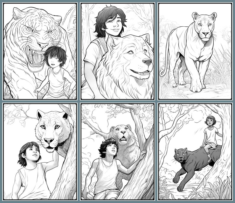 Puede incluir: Una ilustraci&oacute;n de c&oacute;mic en blanco y negro de una persona joven con un tigre, un le&oacute;n, un lobo y una pantera. La persona joven interact&uacute;a con cada animal en un panel diferente.
