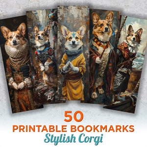 50 snygga utskrivbara bokmärken för Corgi, digitala bokmärkesark för Corgi, sublimering av Corgi-bokmärken i PNG-format, bokmärkesset för Corgi-utskrift och -klippning