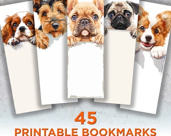 45 Peeking Dog Printable Bookmarks, Dogs Digital Download Bookmark Sheets, Dog Breeds PNG bookmark sublimation, Print and Cut Bookmark Set