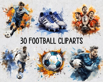 May include: A collection of 30 football clip art images featuring players, a soccer ball, and a trophy. The images are in a watercolor style with splashes of blue, orange, and yellow paint.