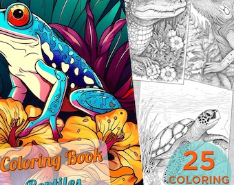 25 pagine da colorare di rettili, pagine da colorare stampabili per adulti, libro da colorare di rettili, libro da colorare digitale di rane e camaleonti
