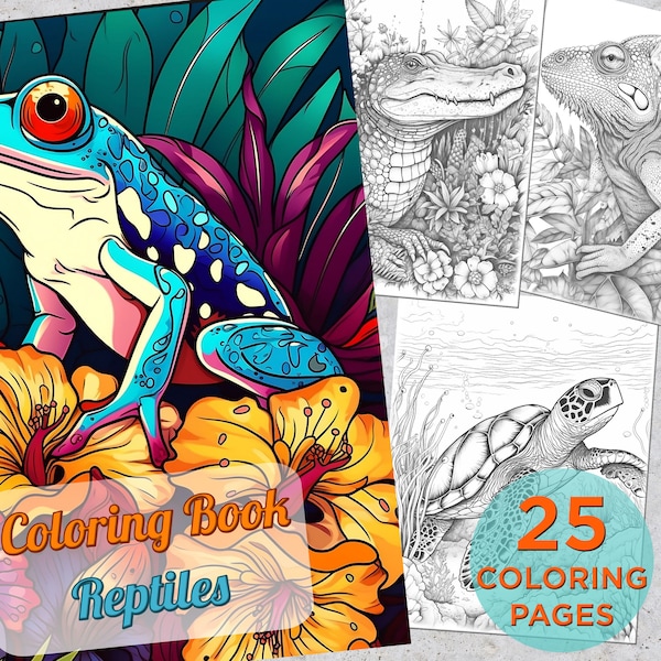 25 Reptiles Coloring Pages, Adults Printable Coloring Page, Reptiles Coloring pages book, Frogs and Chameleon Digital Coloring Book