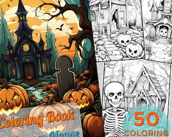 50 Halloween House Coloring Pages, Halloween Adults Printable Grayscale Coloring Page, Halloween Digital Coloring Book Pages for adults