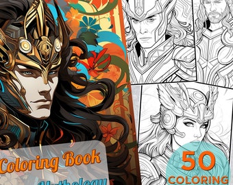 50 Norse Mythology Coloring Pages, Adults Printable Coloring Page with Vikings and Valkyries, Scandinavian Drawings Coloring pages book