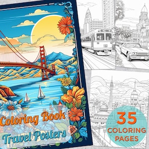 35 Travel Posters Coloring Pages, Travel Printable Grayscale Coloring Book for adults, Journey Traveller Posters Digital Coloring Book