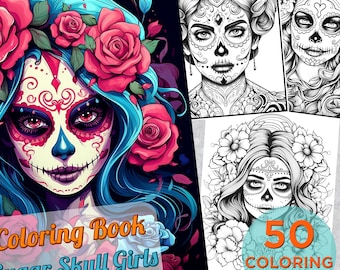 50 pagine da colorare "Sugar Skull Girls" v2, libro da colorare per adulti in scala di grigi stampabile, pagine da colorare digitali "Sugar Skull Girls"