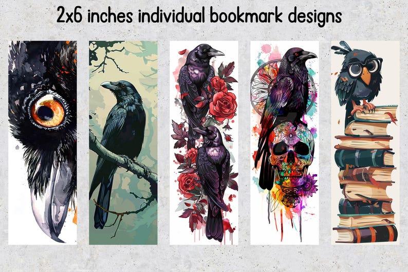 50 Raven Printable Bookmarks, Crow Digital Bookmark Sheets, Raven PNG ...