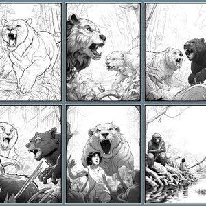 Puede incluir: Una ilustraci&oacute;n de c&oacute;mic en blanco y negro de una escena de la jungla con un oso, un tigre y un mono. El oso est&aacute; rugiendo y el tigre est&aacute; gru&ntilde;endo. El mono est&aacute; sentado en una rama.