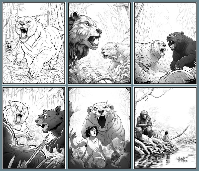 Puede incluir: Una ilustraci&oacute;n de c&oacute;mic en blanco y negro de una escena de la jungla con un oso, un tigre y un mono. El oso est&aacute; rugiendo y el tigre est&aacute; gru&ntilde;endo. El mono est&aacute; sentado en una rama.