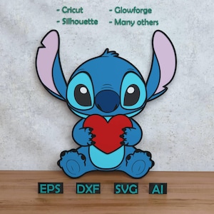 Può includere: Un personaggio blu dei cartoni animati che tiene in mano un cuore rosso. Il personaggio ha grandi occhi e orecchie con accenti rosa. L'immagine include il testo "- Cricut - Silhouette - Glowforge - Many others" e le abbreviazioni dei tipi di file: EPS, DXF, SVG e AI.