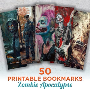 Puede incluir: Conjunto de 50 marcadores de página imprimibles con ilustraciones de temática de apocalipsis zombie. Los marcadores presentan una variedad de zombies en diferentes poses y entornos, incluyendo un policía zombie, un zombie con una guitarra y un zombie con la boca ensangrentada. Los marcadores son perfectos para los fans del horror y los no muertos.