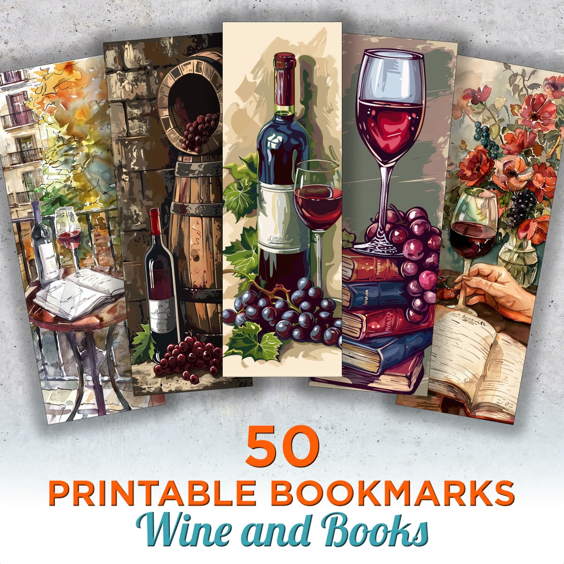 50 Wine and Book Printable Bookmarks, Wine Digital Download Bookmark ...