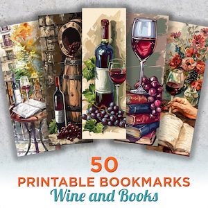 May include: Set of 50 printable bookmarks featuring a wine and books theme. The bookmarks feature illustrations of wine bottles, glasses of wine, grapes, and books. The bookmarks are perfect for wine lovers and bookworms alike.