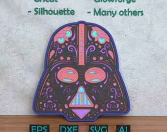 May include: A layered, decorative Darth Vader helmet design in black, teal, pink, and purple. The design includes floral and ornamental details. Text at the top reads "- Cricut - Glowforge - Silhouette - Many others." The bottom text reads "EPS DXF SVG AI."