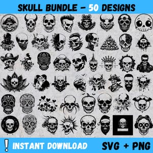 50 頭蓋骨 PNG および SVG バンドル、頭蓋骨 SVG シルエット昇華、不気味な頭蓋骨透明 png 昇華クリップアート、Cricut svg 昇華