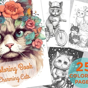 Cute Cats Coloring Book, Adults kids Printable Grayscale Coloring Page, Coloring pages for adults, Digital Coloring Book, Cats coloring book