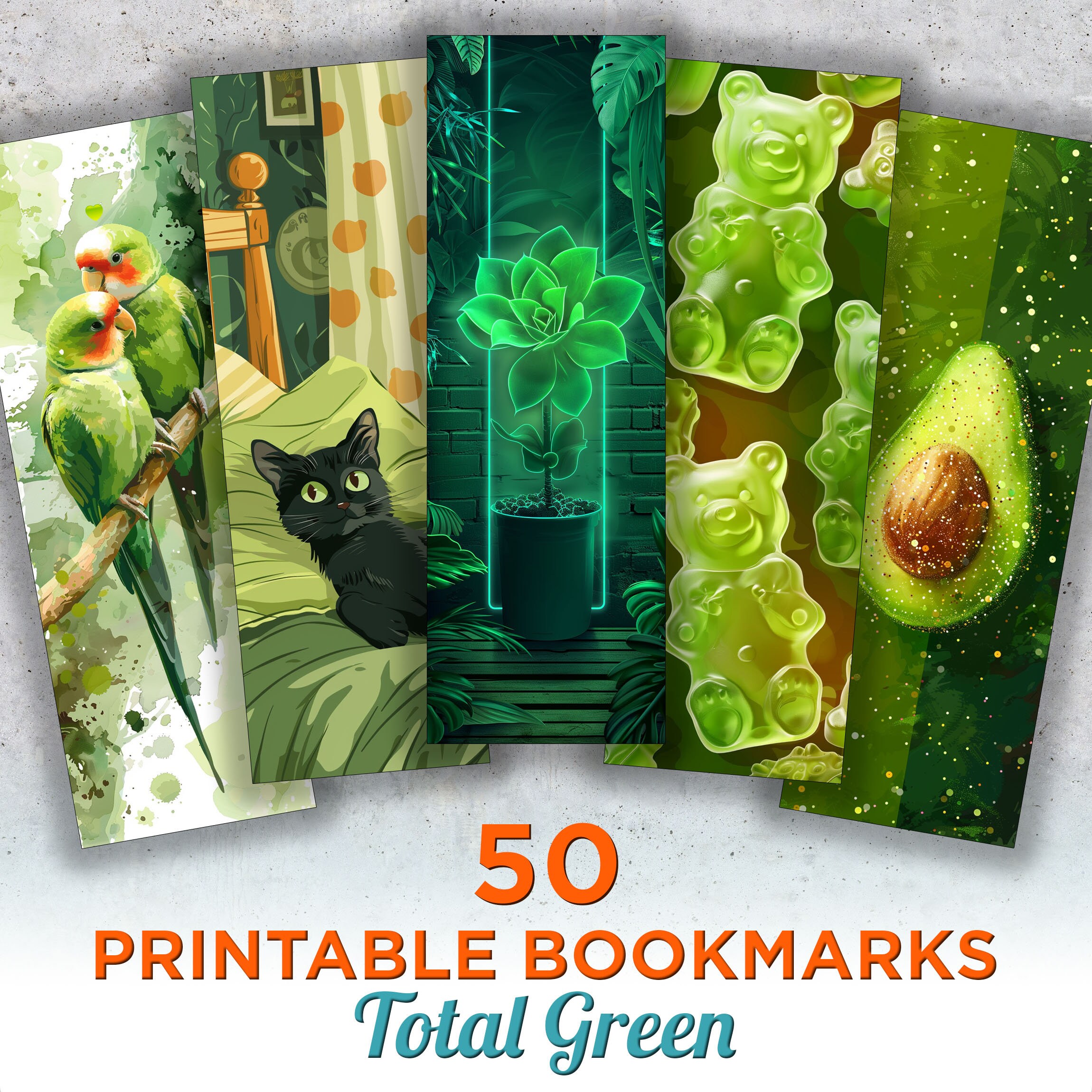 50 Total Green Printable Bookmarks, Green Digital Download