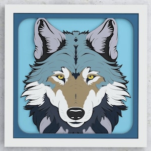 May include: A papercraft wolf head with a blue, gray, and white color scheme. The wolf's eyes are yellow, and its nose is black. The wolf's head is framed in a white frame with a blue inner border.