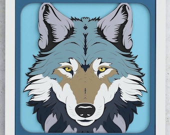 May include: A papercraft wolf head with a blue, gray, and white color scheme. The wolf's eyes are yellow, and its nose is black. The wolf's head is framed in a white frame with a blue inner border.