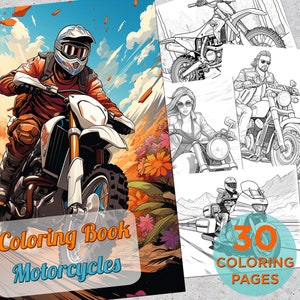 30 Motorcycle Coloring Pages, Bikers and Bikes Adults Printable Grayscale Coloring Book, Motorbike Digital Coloring Book Pages