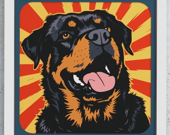 May include: A black and brown Rottweiler dog with a pink tongue sticking out, against a red and yellow sunburst background.