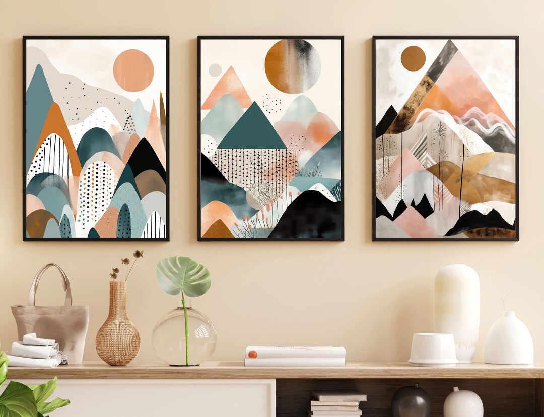 Set of 3 Mountain Print Abstract Art in Boho Style, Boho Printable Art ...