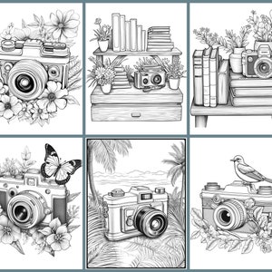 May include: A set of six black and white illustrations featuring vintage cameras with floral and nature-inspired designs. The cameras are surrounded by flowers, butterflies, birds, and palm trees.
