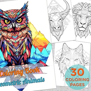 30 Geometric Animal Coloring Pages, Zen Mandala Printable Grayscale Coloring Book for adults, Geometric Animal Mandala Digital Coloring Book