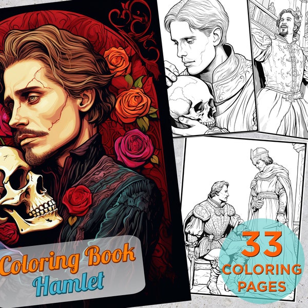 33 Hamlet Coloring Pages, Romantic Fairy Tale Hamlet Printable Grayscale Coloring Book, Shakespeare Hamlet Digital Coloring Book Pages