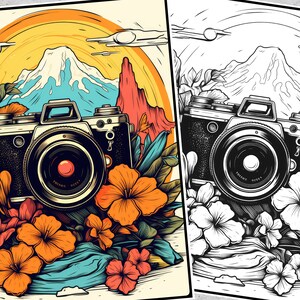 May include: A vintage camera with a black body and a silver lens is surrounded by colorful flowers. The camera is set against a backdrop of a mountain range and a sunset.