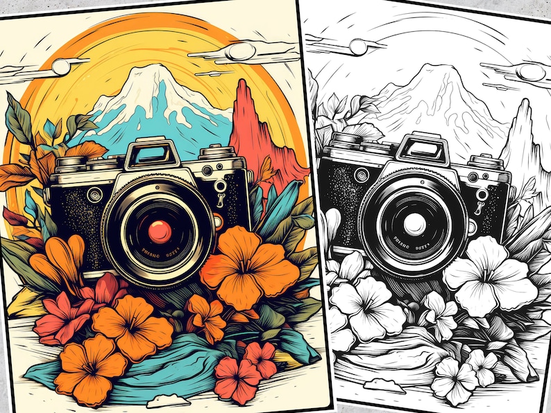 May include: A vintage camera with a black body and a silver lens is surrounded by colorful flowers. The camera is set against a backdrop of a mountain range and a sunset.