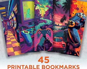 45 Gamer Printable Bookmarks, Video Game Digital Download Bookmark Sheets, Game Play PNG bookmark sublimation, Print and Cut Bookmark Set