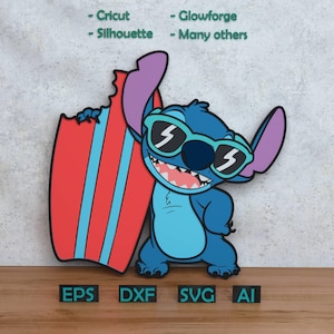 May include: A blue cartoon character wearing sunglasses and holding a red and blue surfboard. The image includes the text "- Cricut - Silhouette - Glowforge - Many others" and file type abbreviations: EPS, DXF, SVG, and AI.
