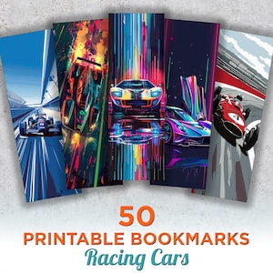 Könnte beinhalten: 50 druckbare Lesezeichen mit bunten Illustrationen von Rennwagen. Die Lesezeichen sind in verschiedenen Rennwagen-Stilen gestaltet, darunter klassische und moderne Designs.