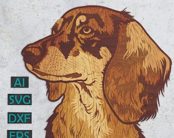 Puede incluir: Una ilustración detallada de un perro salchicha quemada en madera, con un esquema de color marrón y tostado. El perro mira hacia la izquierda, con las orejas levantadas.