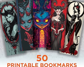 Puede incluir: Conjunto de cinco marcapáginas imprimibles con ilustraciones de demonias góticas. Cada marcapáginas muestra un personaje demoníaco diferente con cuernos, vestimenta oscura y llamativas paletas de colores rojo, azul y negro. Se muestra el texto "50 PRINTABLE BOOKMARKS Gothic Demoness".