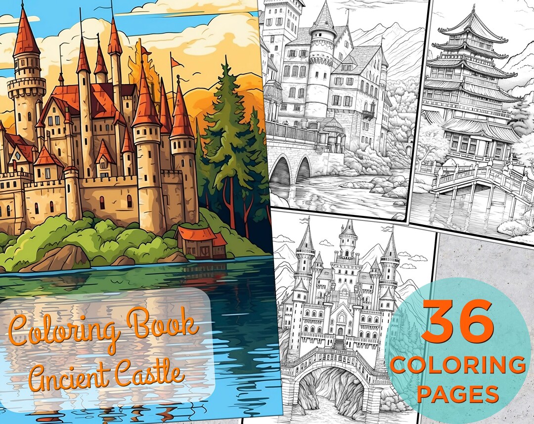 36 Ancient Castles Coloring Pages, Adults Printable Grayscale Fortress