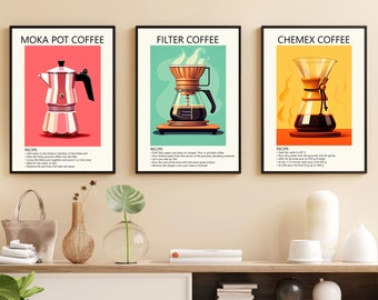 Può includere: Tre poster illustrati con ricette per preparare il caffè usando una moka, una macchina da caffè a filtro e una Chemex. Ogni poster presenta un'illustrazione colorata dell'attrezzatura per la preparazione del caffè e un elenco di istruzioni per preparare il caffè.